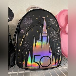 Disney World 50th Anniversary Black Grand Finale Castle Loungefly Mini Backpack